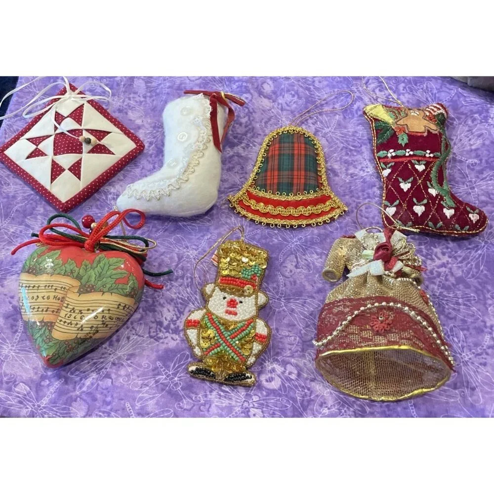 Vintage Victorian Style Lot Of 7 Christmas Holiday Ornaments Bell Stocking Heart